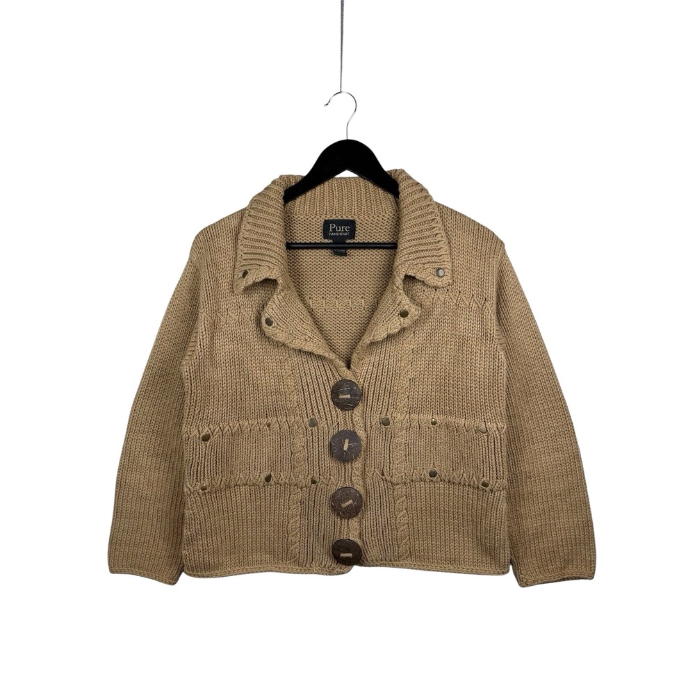 Pure Handknit Big Buttons Cardigan Sweater Women's‎ Sz S/M Tan Boho 100% Cotton